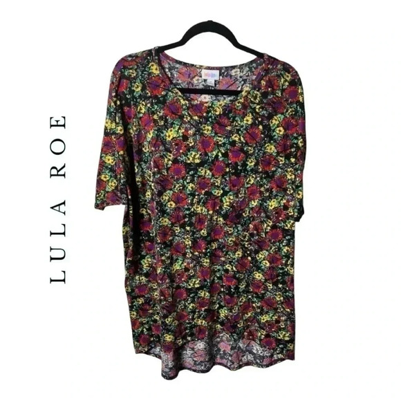 0524. LULAROE SHORT SLEEVE TUNIC COLORFUL FLORAL PRINT HIGH LOW‎ BOTTOM SIZE MED - Picture 1 of 9
